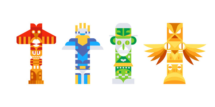 Four colorful totem poles are standing on a white background, representing the rich history and traditions of native american culture