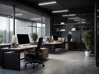Fototapeta premium Modern Office Interior with Black and Wood Accents and Glass Walls
