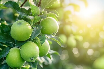 Green apples on tree ready to be harvested. Ripe green apple fruits in apple orchard. Selective focus. Generative Ai