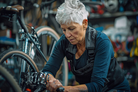 elderly woman works in a bicycle repair shop, she is repairing a bicycle.