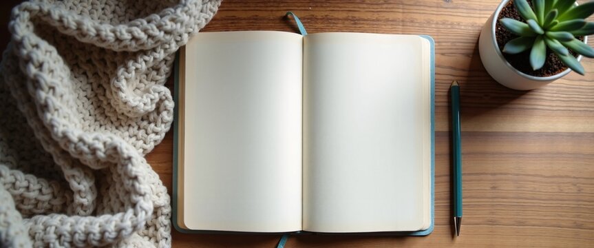 Open blank notebook with cozy ambiance for mental health journaling against wooden background with copy space