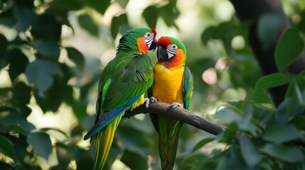 Obraz premium Two parrots are sitting on a branch, one of them is yellow