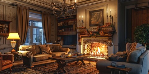 Inviting Home: A Cozy Living Room with Fireplace, Comfortable Furniture, and Rustic Ambience