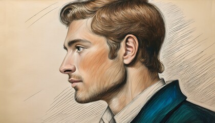 Naklejka premium Retro abstract portrait of a young man, pencil sketch with color, profile view.