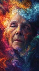 Illuminating Wisdom: Portrait of an Elderly Woman Amid Vibrant Swirling Colors