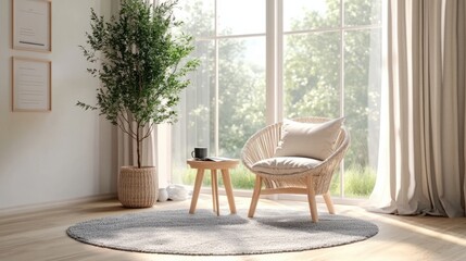 interior of a cozy living room in Scandinavian style with a large window and sunlight. rattan chair with cushions in the interior. chill zone at home