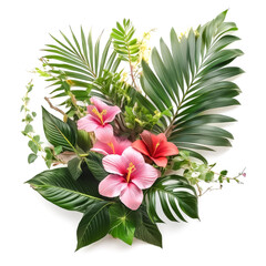 Tropical plant arrangement with tropical leaves tropical flower decor on tree branch vine plant