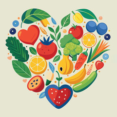 Obraz premium Heart-Shaped Arrangement of Healthy Foods: Fruits, Vegetables, Nuts, and Grains for Balanced Nutrition.