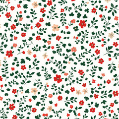 Seamless, Floral pattern, Hand-drawn flowers and leaves, Minimalist design, Deep red, Soft cream, Green leaves, Simple drawing, White background, Negative space, Decorative design, Vector pattern, Nat