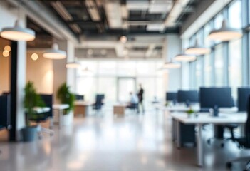 Blurred empty open space office. Abstract light bokeh at office interior background for design, ai
