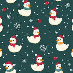 Seamless, Christmas pattern, Hand-drawn call ducks, Festive colors, Minimalist design, Cute ducks, Red, Green, White, Christmas theme, Simple drawing, White background, Negative space,