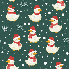 Seamless, Christmas pattern, Hand-drawn call ducks, Festive colors, Minimalist design, Cute ducks, Red, Green, White, Christmas theme, Simple drawing, White background, Negative space,