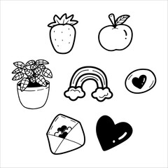 Simple, black and white hand-drawn illustrations of cute icons. 