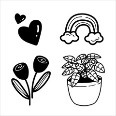 Simple, black and white hand-drawn illustrations of cute icons. 