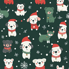 Seamless, Christmas pattern, Hand-drawn dogs, Festive colors, Minimalist design, Cute dogs, Red, Green, White, Christmas theme, Simple drawing, White background, Negative space, Decorative design