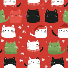 Seamless, Christmas pattern, Hand-drawn cats, Festive colors, Minimalist design, Cute cats, Red, Green, White, Christmas theme, Simple drawing, White background, Negative space, Decorative design, Vec