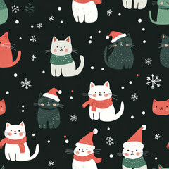 Seamless, Christmas pattern, Hand-drawn cats, Festive colors, Minimalist design, Cute cats, Red, Green, White, Christmas theme, Simple drawing, White background, Negative space, Decorative design, Vec