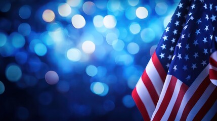 Labor day or Constitution Day USA banner with American flags and colorful on blue blur bokeh background.