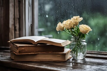Cozy Rainy Day with Vintage Books and Fresh Roses