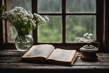 Rustic Reading Corner with Vintage Book and Flowers on a Rainy Day