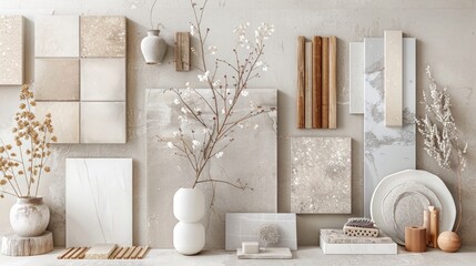 Nature-Inspired Ceramic Tile Moodboard featuring light hues of beige, gray, terracotta, and mint, showcasing natural textures of concrete, onyx, wood, marble, and white plaster.