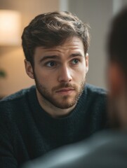 Fototapeta premium Contemplative Young Man in a Coffee Shop
