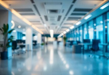 Beautiful blurred background of a light modern office interior with panoramic windows and beautiful lighting, ai