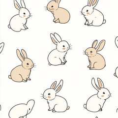Fototapeta premium Seamless, Rabbit pattern, Hand-drawn rabbits, Pastel colors, Minimalist design, Cute rabbits, Soft colors, Simple drawing, White background, Negative space, Decorative design, Vector pattern, Nature i