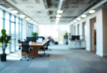 Beautiful blurred background of a light modern office interior with panoramic windows and beautiful lighting, ai