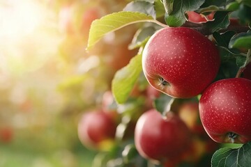 Obraz premium Red apples on tree ready to be harvested. Ripe red apple fruits in apple orchard. Selective focus. Generative Ai