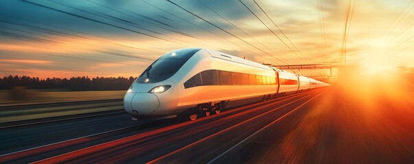 High-Speed Train Traveling Through a Sunset Landscape