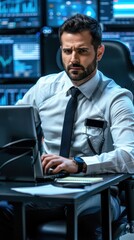A cybersecurity expert, dressed in a white shirt and tie, sits at a desk in a modern office, intently monitoring network activity on a laptop