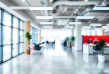 Beautiful blurred background of a light modern office interior with panoramic windows and beautiful lighting, ai