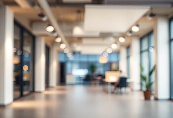 Fototapeta premium Beautiful blurred background of a light modern office interior with panoramic windows and beautiful lighting, ai