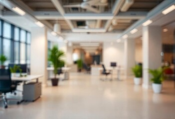 Beautiful blurred background of a light modern office interior with panoramic windows and beautiful lighting, ai