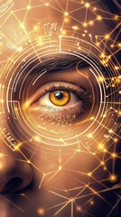 An eye with golden iris is being scanned with biometric authentication technology, surrounded by glowing lines and network connections