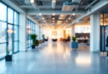 Beautiful blurred background of a light modern office interior with panoramic windows and beautiful lighting, ai