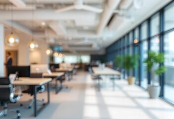 Beautiful blurred background of a light modern office interior with panoramic windows and beautiful lighting, ai