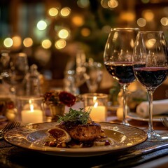 wine and dish in a restaurant