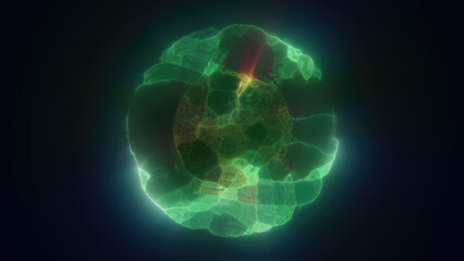 A glowing green energy sphere with intricate textures and luminous highlights futuristic organic structure