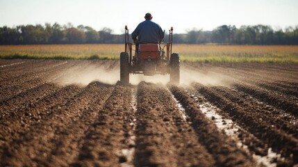 Red Tractor Plowing Rows in a Field