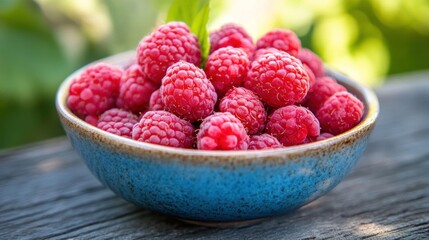 Bowl of Fresh Raspberries on Wooden Table