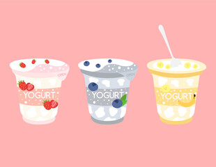 Illustration of a set of yoghurts on a pink background.