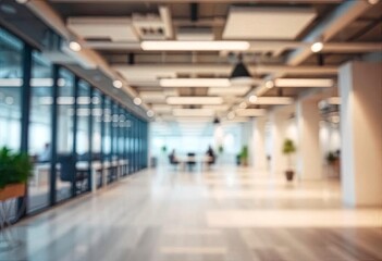Beautiful blurred background of a light modern office interior with panoramic windows and beautiful lighting, ai