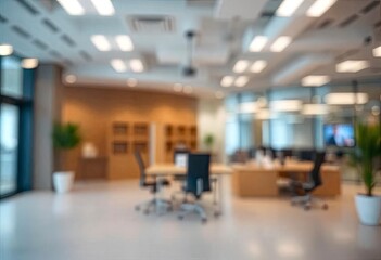 Beautiful blurred background of a light modern office interior with panoramic windows and beautiful lighting, ai
