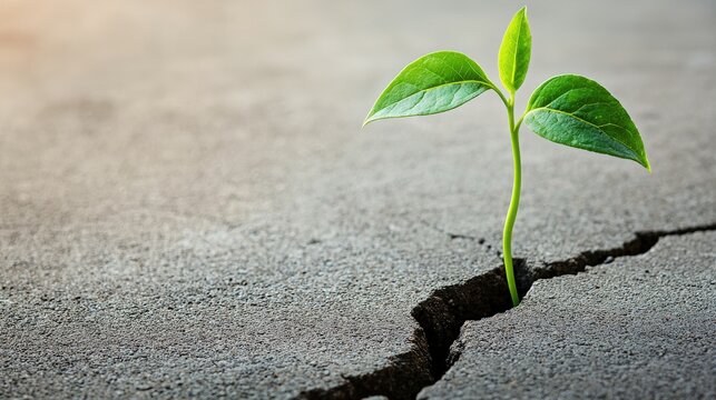 A young plant breaking through the cracks of a concrete pavement symbolizing resilience and development