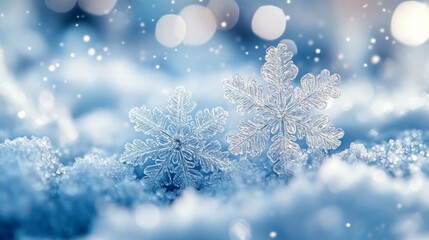 Naklejka premium Beautiful snowflakes glisten in a serene winter landscape, creating a dreamy and peaceful atmosphere during snowfall.