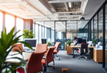 Modern bright office interior with furniture and daylight. Blurred background.