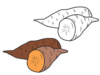 Whole and half sweet potato Ipomoea batatas unpeeled in black isolated on white background. Hand drawn vector sketch illustration in doodle engraved vintage line art style. Superfood, tasty vegetable