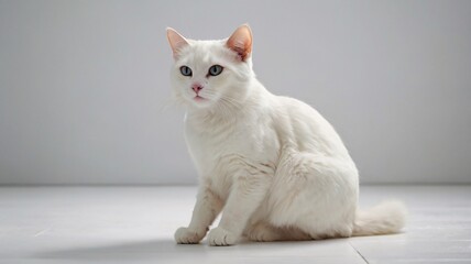 White cat with blue eyes sitting on a white floor.